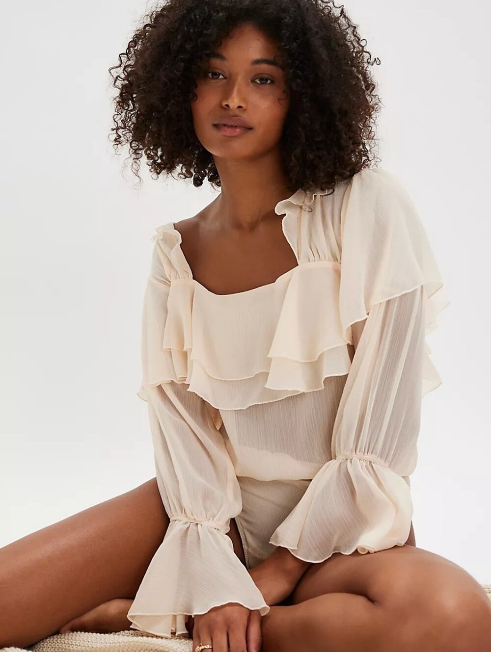 NWOT Free People Give Me Drama Boho Women's Cream Ruffle Bell Sleeve Bodysuit S